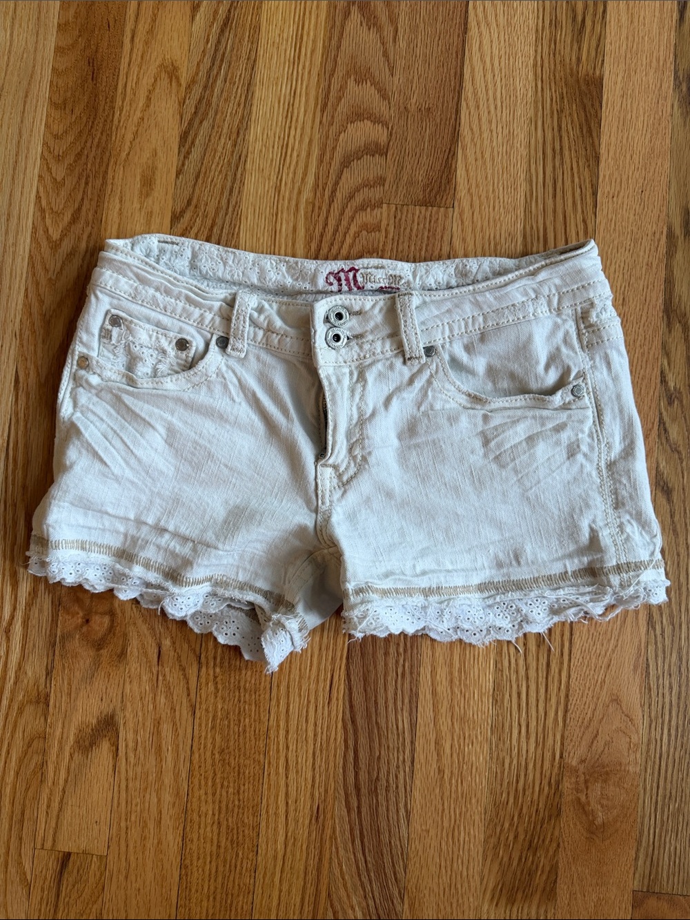 Miss Me White Lace-Trim Denim Short Shorts